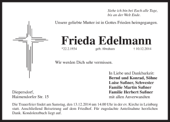 Traueranzeige von Frieda Edelmann von Pegnitz-Zeitung
